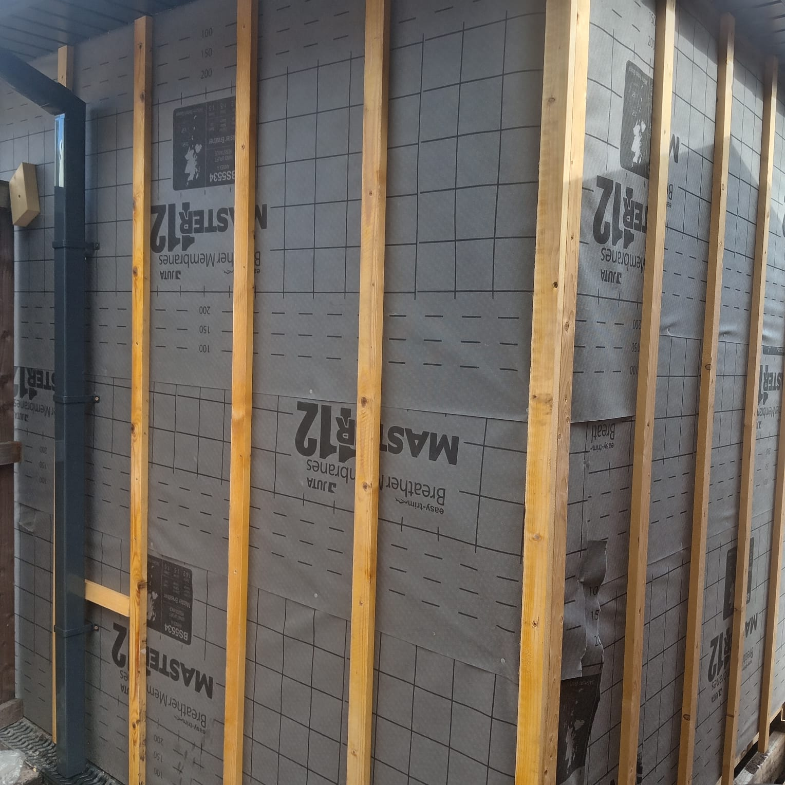 Stud framed garden building wrapped in breather membrane Preston