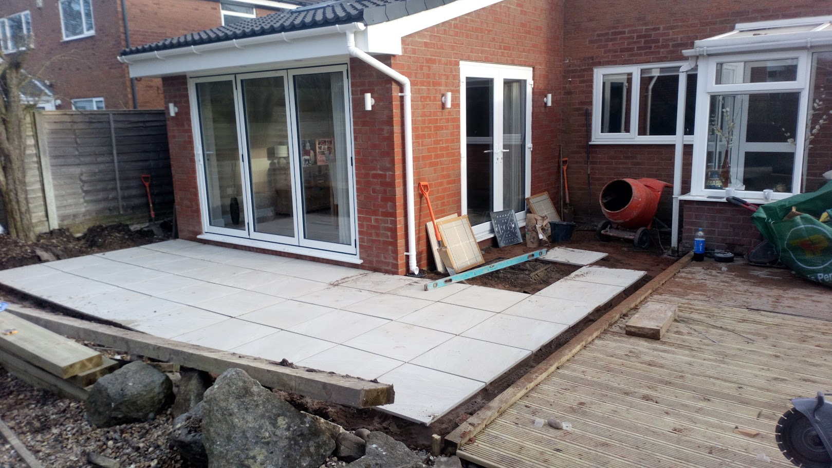 Porcelain patio installation in progress